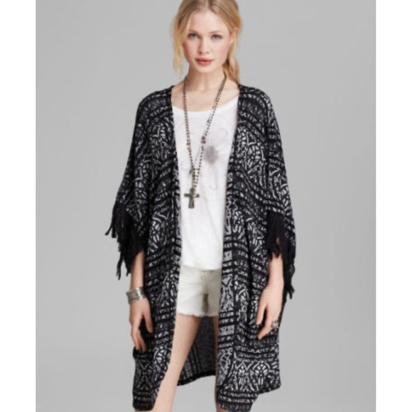 Free People Sweaters - Free People Black & White Knit Fringe Duster Cardigan – XS/S (Fits Up to Large)‎